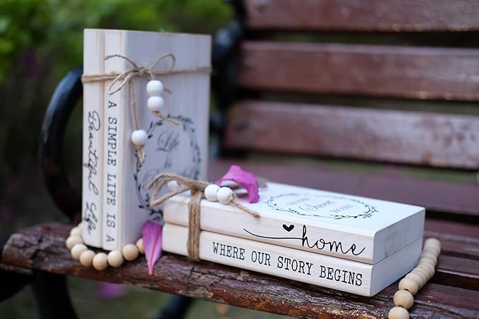LIVDUCOT 2pcs Wooden Decorative Books Stack for Coffee Table Modern Farmhouse White Book Decor for Shelf Fireplace Mantle, Faux Books for Decoration (Home Where Our Story Begins)