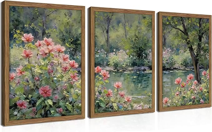 Framed Monet Wall Art Set of 3, Impressionist Botanical Floral Canvas Wall Decor, Vintage Cottagecore Artwork Paintings, Nature Landscape Flowers Prints Pictures for Living Room Bedroom 12x16 Inch