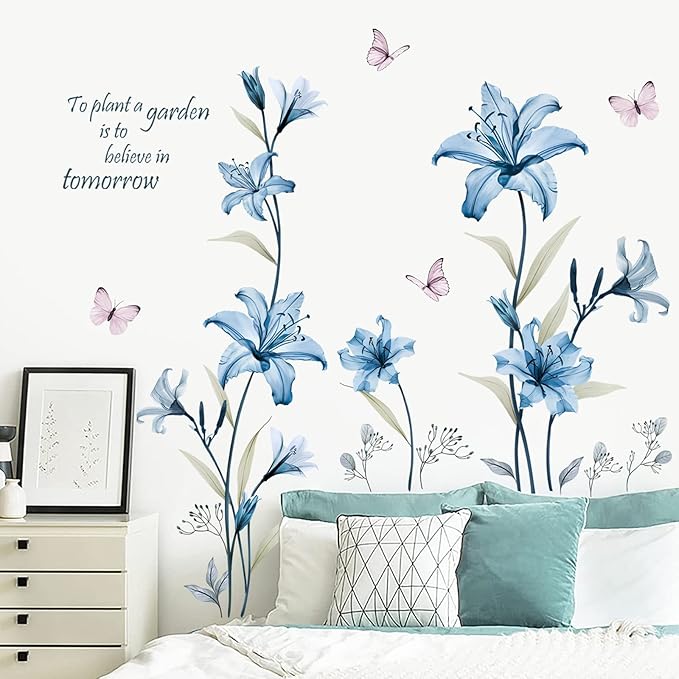 wondever Blue Lily Flower Wall Stickers Floral Butterfly Peel and Stick Wall Art Decals for Living Room Bedroom TV Wall