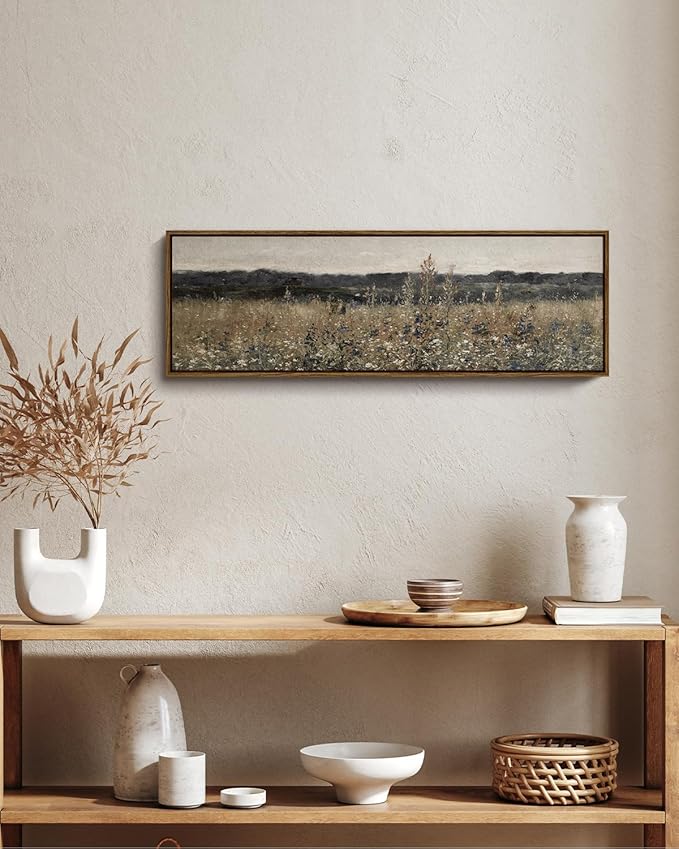 InSimSea Extra Large Framed Vintage Wall Art, Living Room Country Farmhouse Decor, Flower Meadow Landscape Paintings, Canvas Prints, Retro Scenery Long Pictures for Bedroom Above of Bed,12x36inch