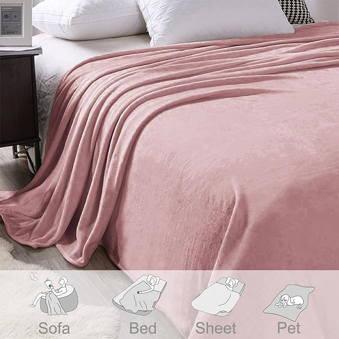 Exclusivo Mezcla Fleece Blankets Queen Size for Bed, Super Soft and Warm, All Season, Cozy, Plush, Lightweight, 90x90 Inches, Dusty Pink