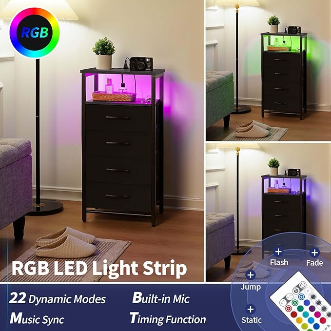 Yoobure Night Stand - LED Nightstand with Charging Station, Bedside Table with 4 Fabric Storage Drawers and Storage Shelf, End Table with USB Ports and Outlets, Tall Dresser for Bedroom