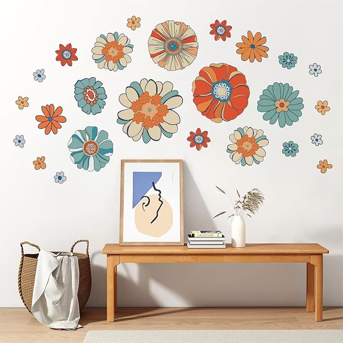 Supzone Boho Retro Floral Wall Decals Large Vintage Flower Wall Stickers Colorful Hippie Flower Wall Art Stickers for Bedroom, Living Room, Offices, Sofa, TV Backdrop Decoration
