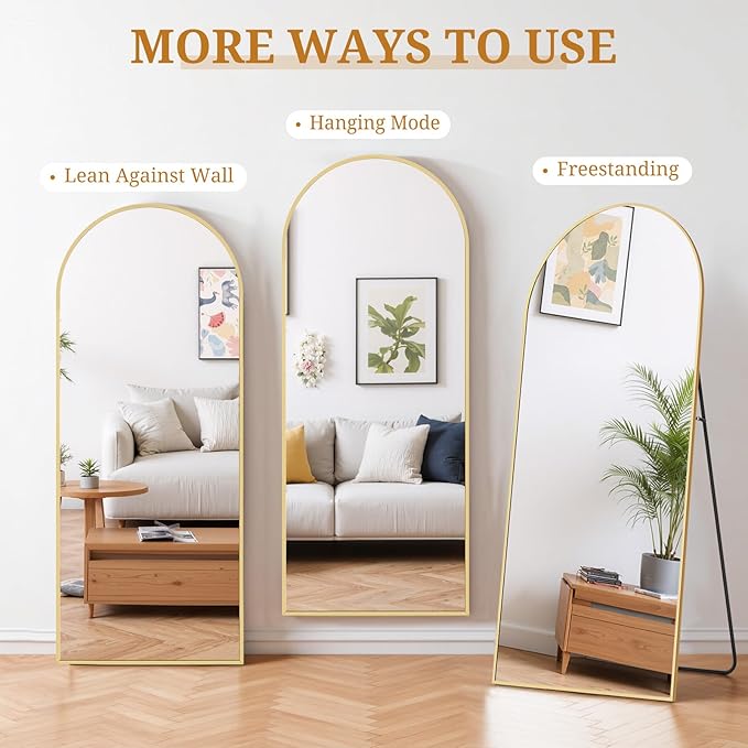 Full Length Mirror 65"x24" Full Body Mirror Arched Free Standing Wall Mounted Leaning Floor Mirrors with Stand Aluminum Alloy Frame for Bedroom Cloakroom, Gold