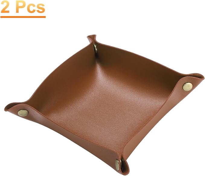 HARFINGTON 2pcs PU Leather Valet Tray Unisex Folding Small Catchall Tray Portable Entryway Table Tray Nightstand Bedside Desk Tray for Key Wallet Watch Coin Jewelry Dice, Brown