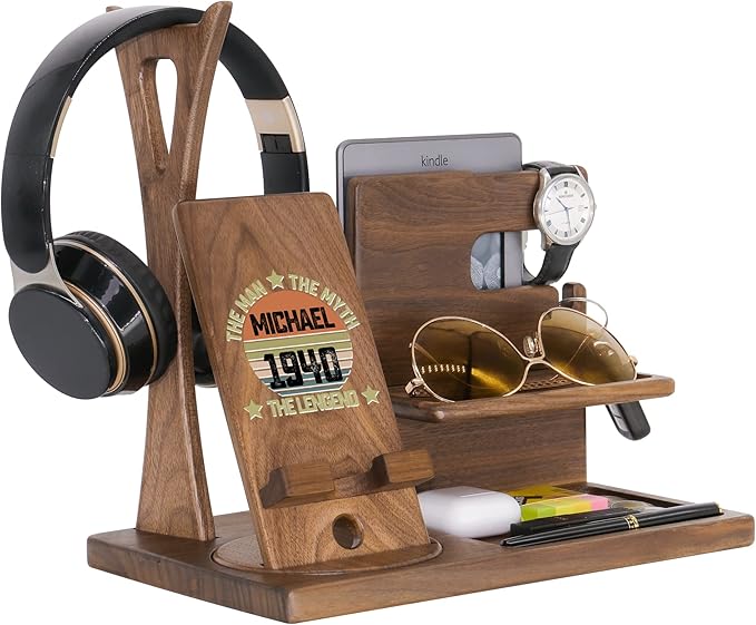 Personalized Desk Organizer for Birthday - Colorful Handmade Accessories Organizer with Rotating Phone Stand, Headphone Stand, Watch Holder - Unique Gift Ideas for Husband Boyfriend on Anniversary