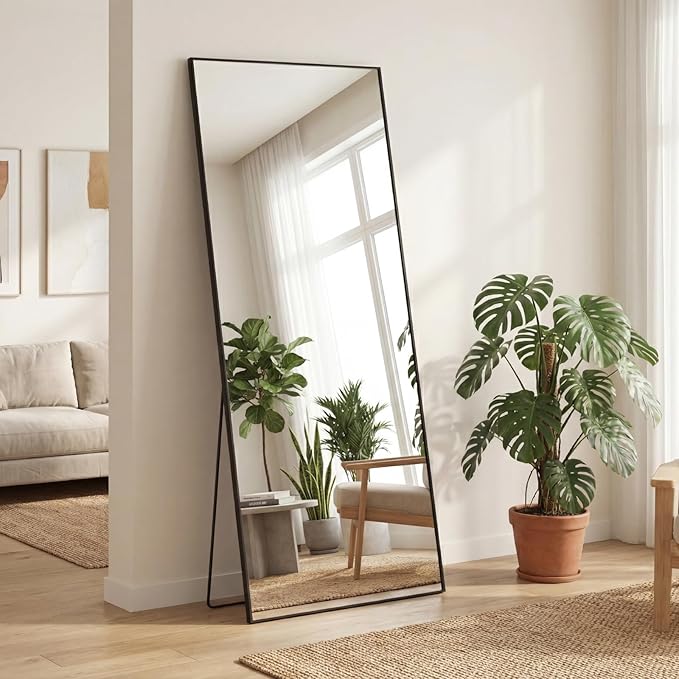 DUMOS Full Length Mirror 24"x 65.1" for Bedroom, Full Body Mirror with Stand, Hanging or Leaning for Wall, Aluminum Alloy Thin Frame Floor Standing for Living Room, Long, Black