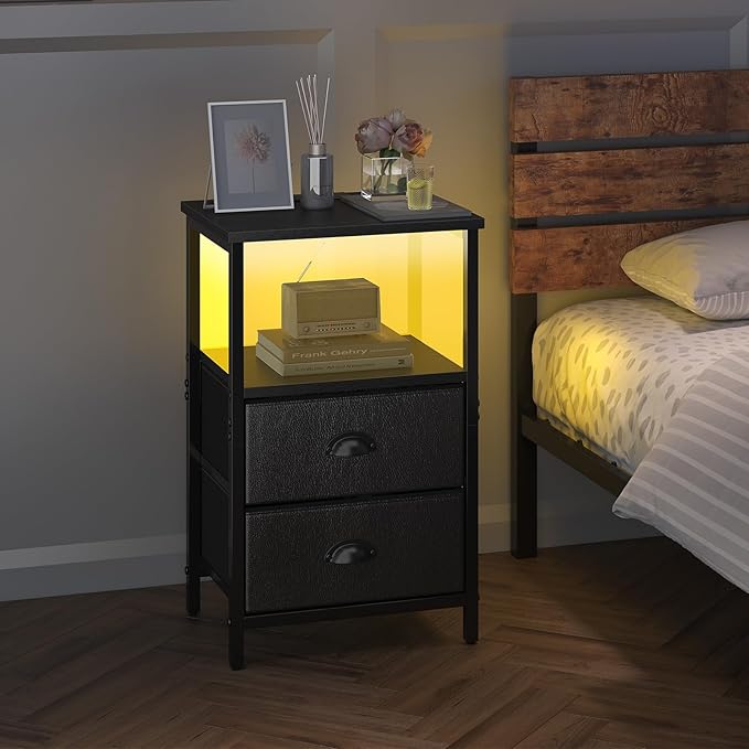 Nightstand with Charging Station, LED Night Stand Set 2, Bedside Table End Table Set of 2, Bedroom Table with 2 Fabric Drawers PU Finish, 3-Tier Storage Side Table for Bedroom,Black