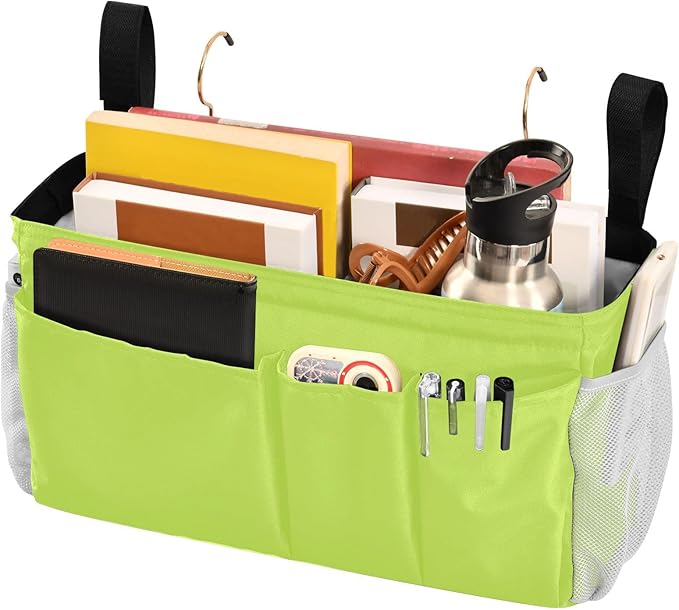 DOMIKING Neon Yellow Bedside Caddy for Dorm Bed Recliner Armrest Organizer with Hooks Haning Holders for Magazine Phone Tablet