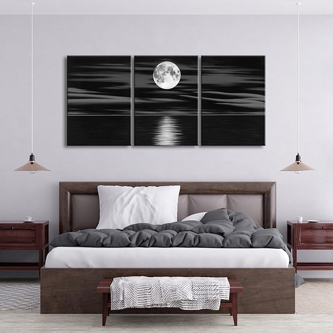 Wieco Art 3 Panel Sea White Full Moon in Night Canvas Print Wall Art Black and White Ocean Beach for Living Room Bedroom Kitchen Home Decorations Modern Abstract Artwork