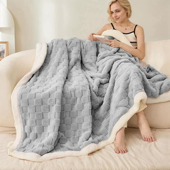 Sherpa Throw Blanket for Couch, Flannel Cozy Soft Thick Blanket for Bed - Fleece, Light Grey, 60x80 Inches