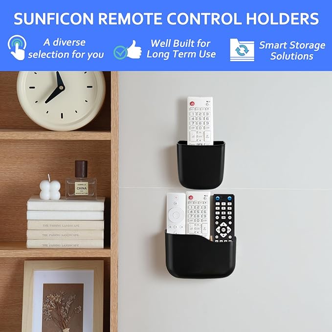 SUNFICON Wall Mount Remote Holder TV FAN Remote Control Holder Bedside Caddy Wall Organizer Phone Holder for Office Adhesive Media Player Controller Holder Box Tray Home Desk Nightstand Black 3 Small