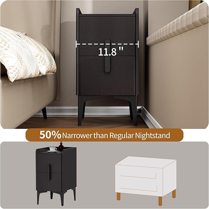 VICITON Narrow Nightstand with 2 Drawers, Narrow Side Table Leather Surface, Slim Bedside Table for Bedrooms, Study, Living Rooms, Small Space (Dark Gray, 15.7" D x 11.8" W x 22.4" H)
