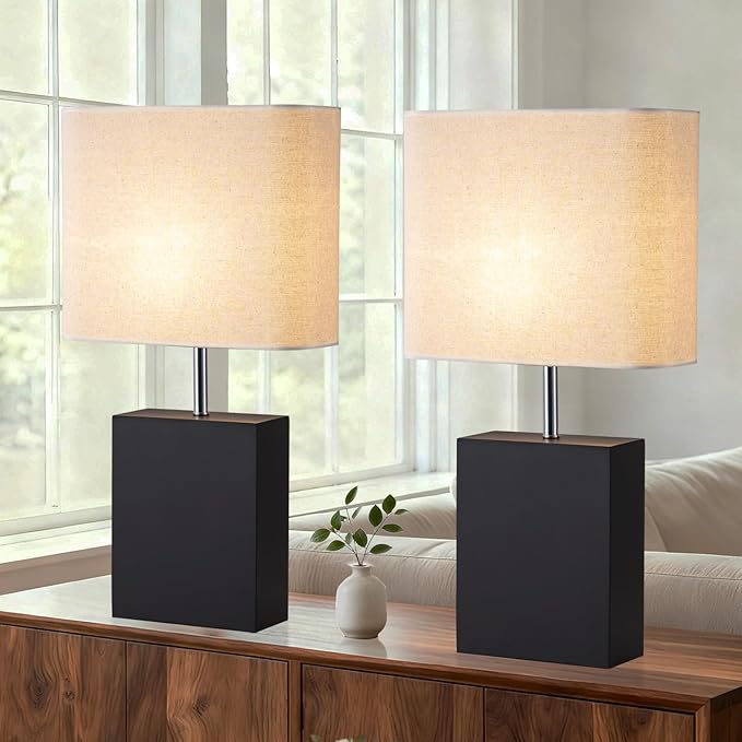 lapupu 23" Wood Table Lamp Set of 2 for Living Room, Modern Bedside Lamps for Bedroom, Large Farmhouse Nightstand Lamp, Desk Lamps for End Table Home Decor, Black