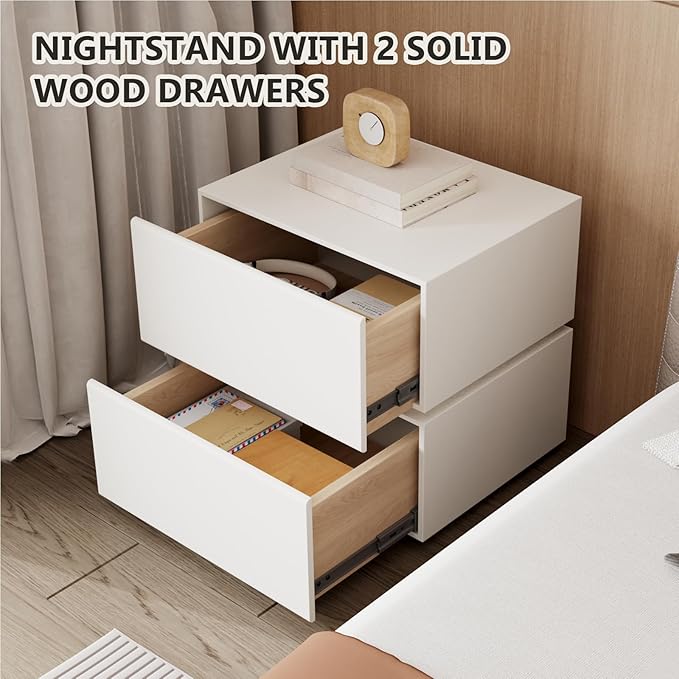 Nightstand with 2 Drawer, Bedside Table with Microfibre Leather, Fashion Night Stand for Bedroom, No Assembly Required (White, 2 Drawers with Light)