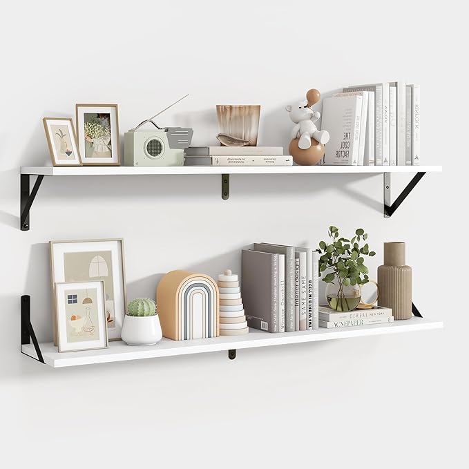 Axeman 40 Inch Floating Shelves | 8 Inch Deep White Wall Shelves Set of 2 | 39.4" W x 8" D Rustic White Wood Shelves for Bathroom Kitchen Living Room