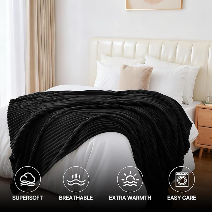 Nookly Black King Size Blanket for Bed, Soft Lightweight Plush Ribbed Striped Big Blanket, Cozy All-Season Fleece for Bedroom and Home Décor, 108x90 Inches