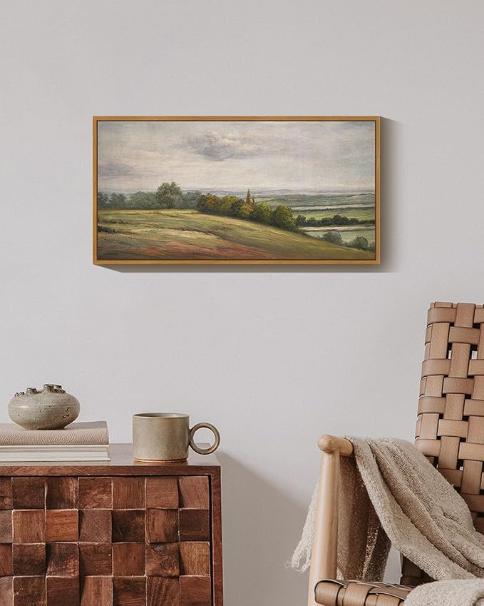 SHENIFY Vintage Framed Wall Art White Clouds Over Vast Grassland Landscape Painting Retro Meadow Scenery Farmhouse Kitchen Living Room Decor - 8x16in Natural Framed