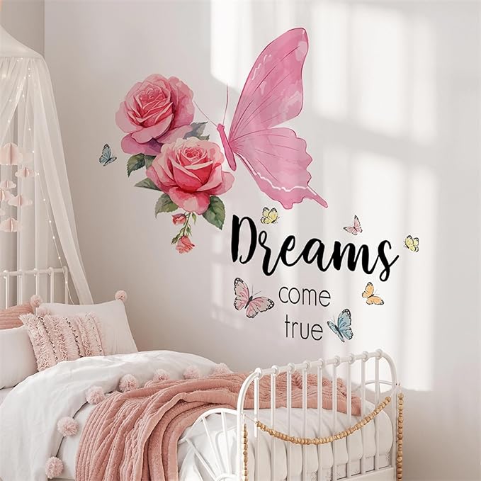 Pink Rose Butterfly Inspirational Quotes Wall Stickers, sacinora DIY Dreams Come True Wall Decals Removable Vinyl Peel and Stick for Living Room Bedroom Kids Baby Nursery Art Decorations