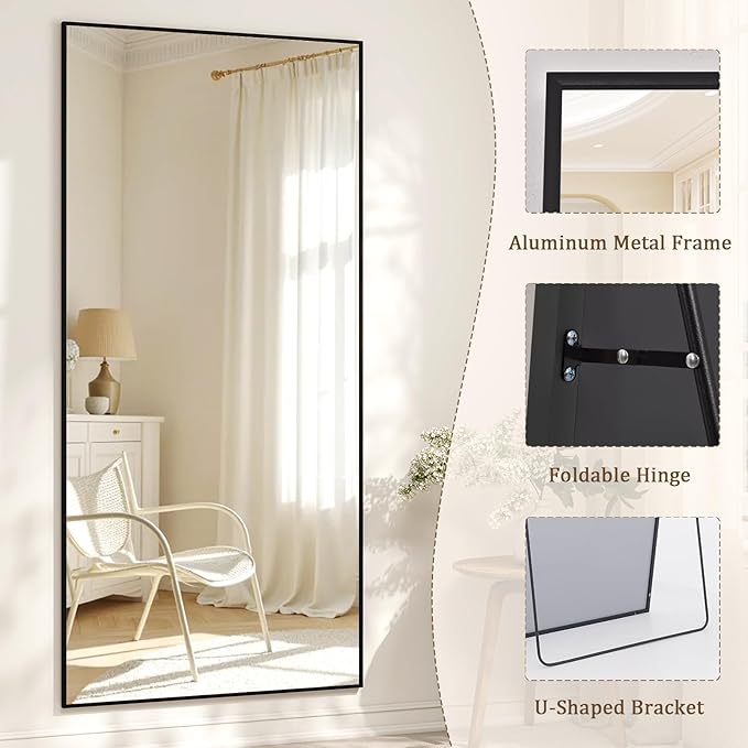 76" x 34" Large Full Length Mirror with Stand, Standing/Leaning/Wall Mounted Full Body Floor Mirror for Bedroom, Living Room, Entryway, Cloakroom with Aluminum Alloy Frame Black