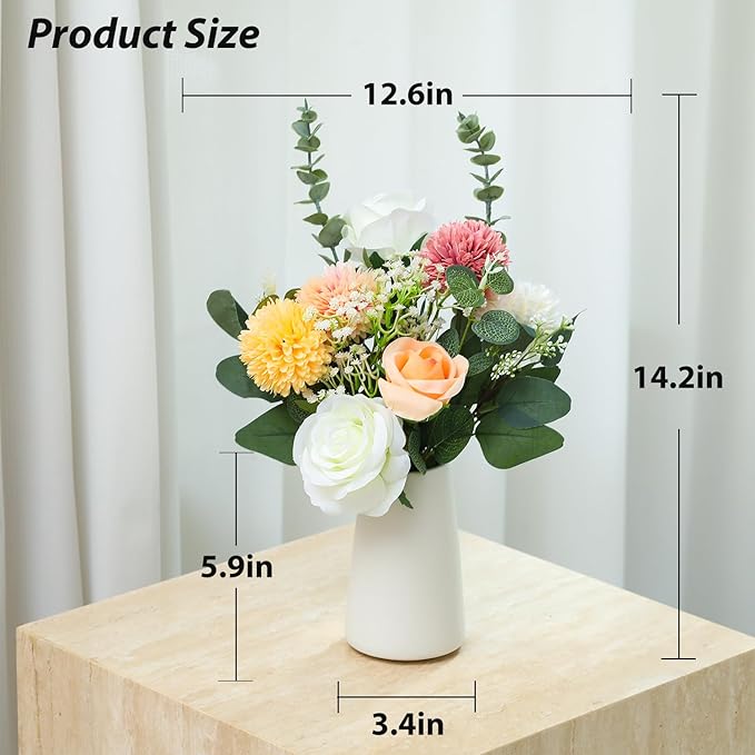 Fake Flowers in Ceramic Vase, Artificial Flowers Indoor with White Vase for Dining Table Décor, Faux Eucalyptus Flowers Arrangements for Bedroom Home Office Plants Floral Decor（Red Brown）