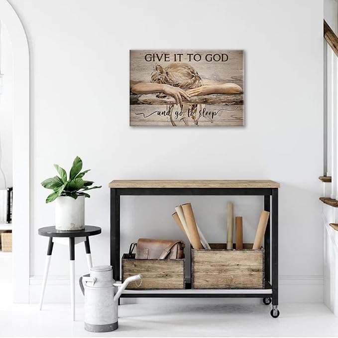 Farmhouse Wall Decor for Bedroom Give It to God and Go to Sleep Sign Pictures Rustic Above Bed Wall Art Christian Girl Sleep Painting Country Bible Verse Canvas Framed Print Artwork 24"x20"