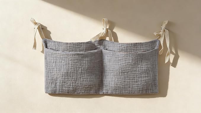 Bedside pouch for storing baby bottles and blankets - Bedside storage bag for organizing baby diapers - Gray