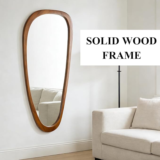 Ruomeng Full Length Irregular Wall Mirror, 48 x 22 Inch Wooden Mirror, Boho Large Decorative Asymmetrical Mirror for Bathroom, Living Room, Bedroom, Entryway, Farmhouse, Tempered Glass, Shatterproof