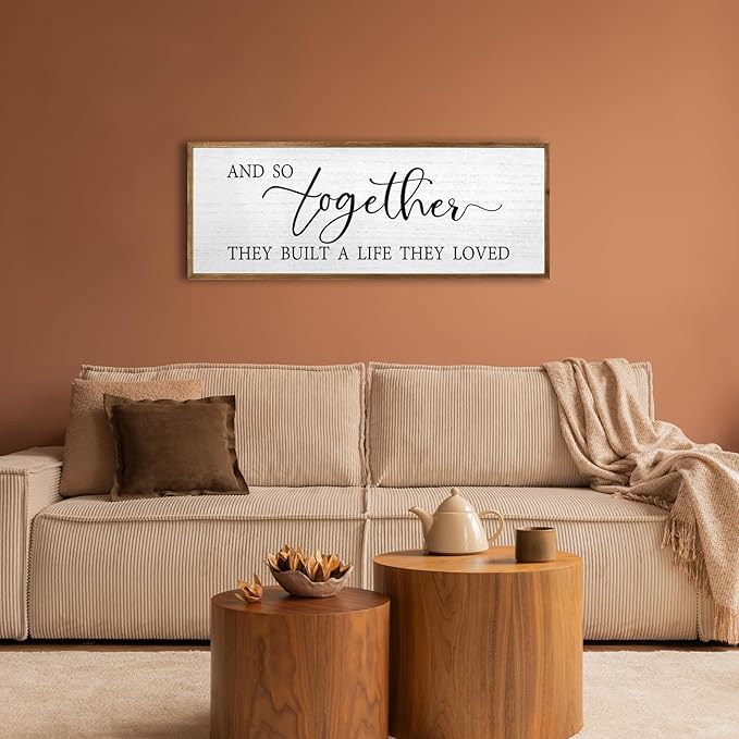 And So Together They Built A Life They Loved Wall Decor 32”X12” Rustic Master Bedroom Large Wood Framed Sign Above Bed Modern Farmhouse Quotes Couple Wall Art Over Bed Hanging Decoration (Wood)