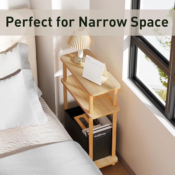 Narrow Side Table with Fabric Basket, 7" Wide, 3 Tier Skinny End Table with Wood Legs, Slim Nightstand/Bedside Table for Small Spaces, with Adjustable Feet, 15.7" L x 23" H