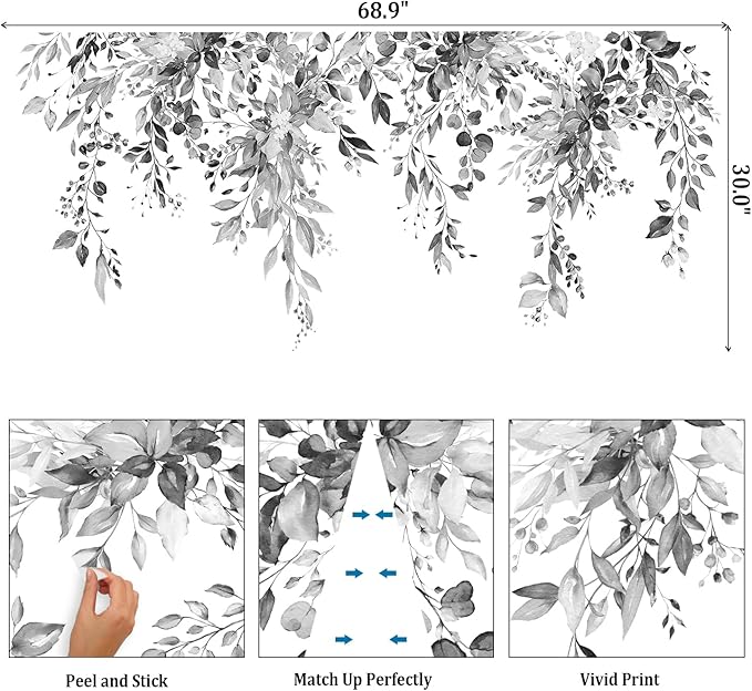 Gray Plants Leaves Wall Decals Peel and Stick, Large Floral Flowers Vinyl Wall Stickers, Removable Vine Home Decor Art for Bedroom Living Room Classroom Office