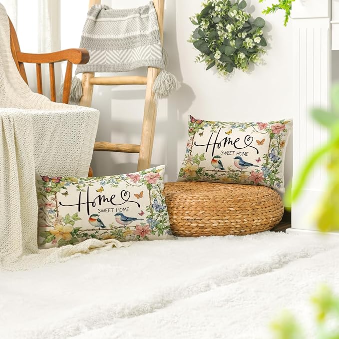 AVOIN colorlife Home Sweet Home Birds Floral Throw Pillow Covers, 12 x 20 Inch Spring Summer Flowers Cushion Case Decoration for Sofa Couch Living Room Bedroom Decor Set of 2
