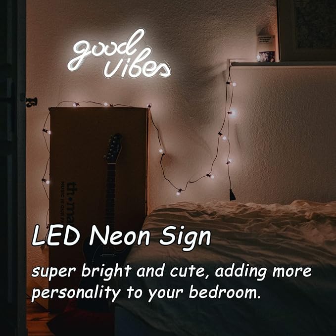 Good Vibes Neon Sign White Good Vibes Neon Lights USB Operated Aesthetic LED Signs for Bedroom Wall Decor Birthday Party Wedding Salon Bar Home Girl Cave