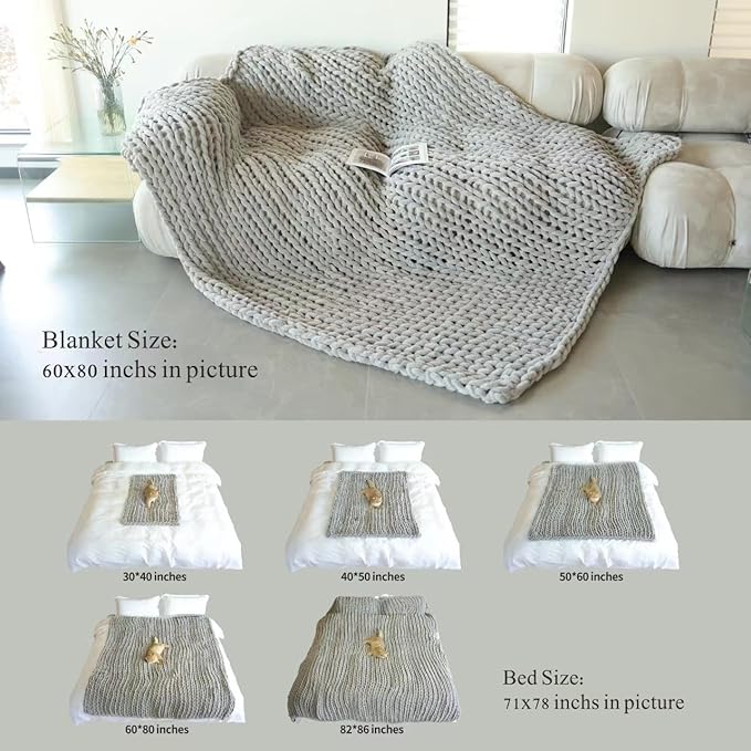 Maetoow Chenille Chunky Knit Blanket Throw （60×80 Inch）, Handmade Warm & Cozy Blanket Couch, Bed, Home Decor, Soft Breathable Fleece Banket, Christmas Thick and Giant Yarn Throws, Cream