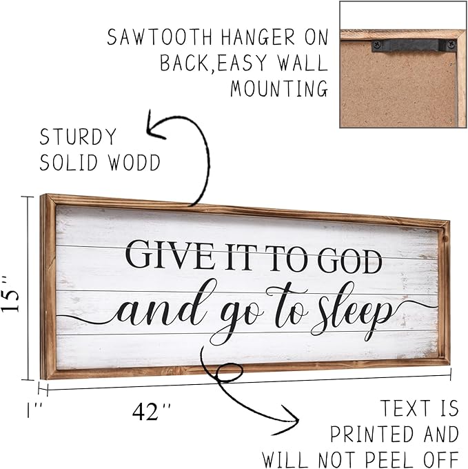Give It to God and Go to Sleep Sign 42''×15'' Large Above Bed Wall Decor Farmhouse Bedroom Decor Wood Guest Room Decor Framed Wall Art Rustic Master Bedroom Wall Decoration