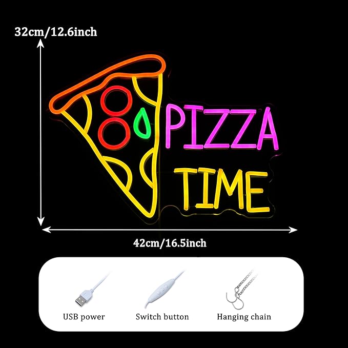 Pizza Time Neon Sign for Wall Decor Delicious Pizza LED Light Sign Dimmable Business Food Neon Light Colorful Pizzeria Neon Light Up Sign for Bars Parties Kitchens Bedrooms