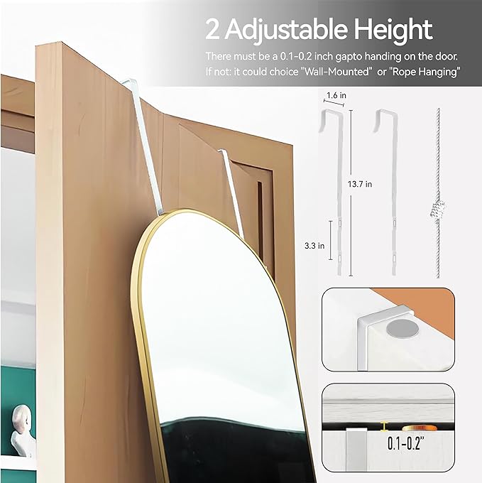 57x20 Door Hanging Full Length Mirror, Floor (Height 5.7ft just Body in1.3ft) or Wall Mounted Metal Frame Arch Dressing Mirrors for Bedroom Bathroom Living Room 57 20 inch Gold