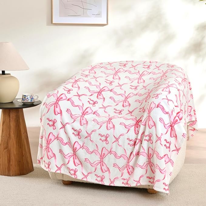 Pink Bow Twin Blanket – 60x80 Inch Soft Fleece Blanket for Girls and Women, Coquette Aesthetic Room Decor for Bed, Couch, Chair, Preppy Bedroom or Gift, Cute Pink Bow Decor Blanket
