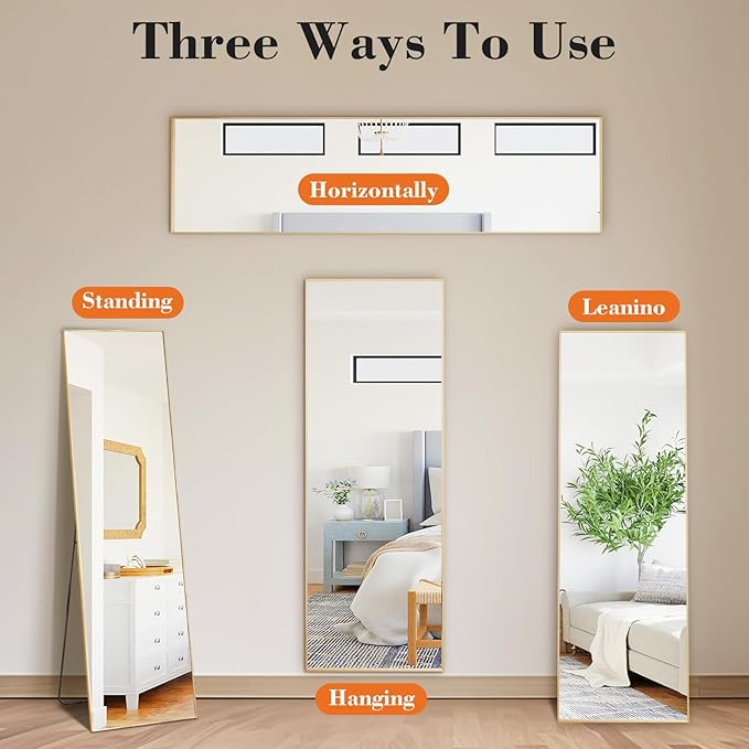DUMOS Gold Full Length Mirror 59"x16" Full Body Floor Mirror for Bedroom or Cloakroom, Can Stand Alone, Hang or Lean Against Wall, Tall Wall Mirror with Stand and Sleek Aluminum Alloy Thin Frame