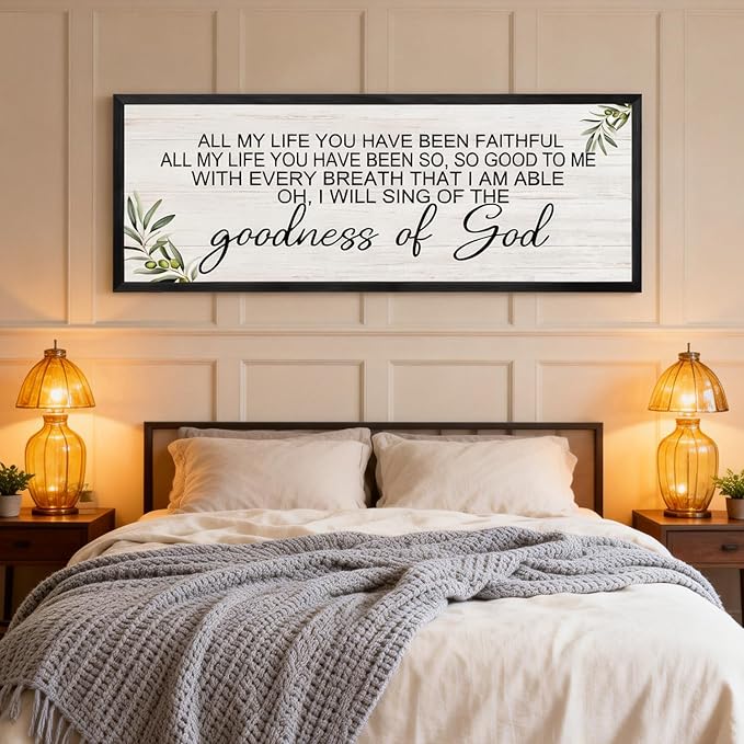 Goodness of God Christian Wall Decor: 40x15 Inch Large Framed Christian Inspirational Wall Art, Religious Scripture Quote Wooden Sign, Black Frame Christian Home Decor for Living Room Bedroom, Black