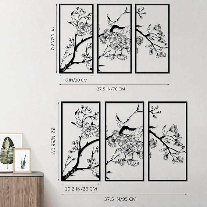 ruelen 3 Pcs Large Metal Flowers Wall Decor, Modern Minimalist Floral Line Sculpture Wall Art Hanging Wall Decor for Home Bedroom Living Room Bathroom Office Above Bed Decor (Black)
