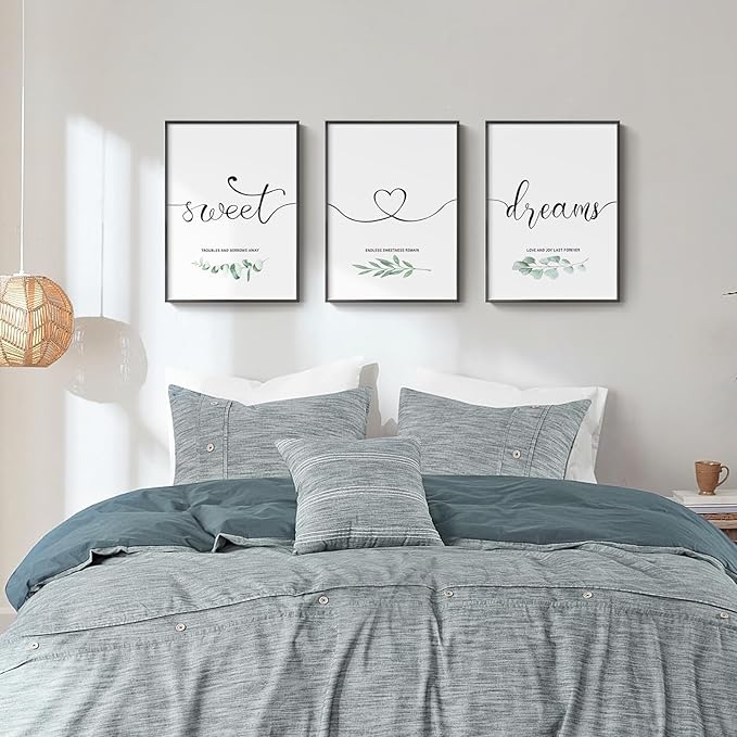 Framed 3 Piece Wall Art Bedroom, Sweet Dreams Signs Pictures Wall Decor Above Bed, Modern Minimalist Master Guest Room Wall Decor, Painting Print Script White Canvas Artwork for Walls, 12x16 Inch