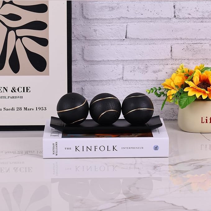 LCCCK Decorative Tray with Balls Set, Black Gold Decor Orbs TV Stand, Coffee Table Centerpiece, Elegant Orbs Decorative Balls for Dining Kitchen Console Fireplace Decor Centro De Mesa De Comedor