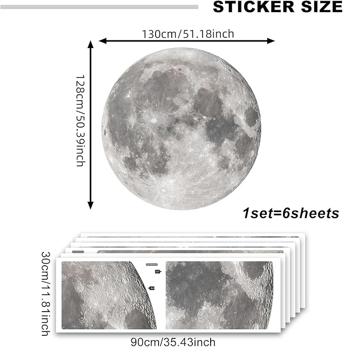 Large Moon Wall Stickers Full Moon Decor Wall Decals 6 Sheets Peel and Stick Wall Murals Decor for Living Room Nursery Kids Bedroom Classroom (Silver Moon)