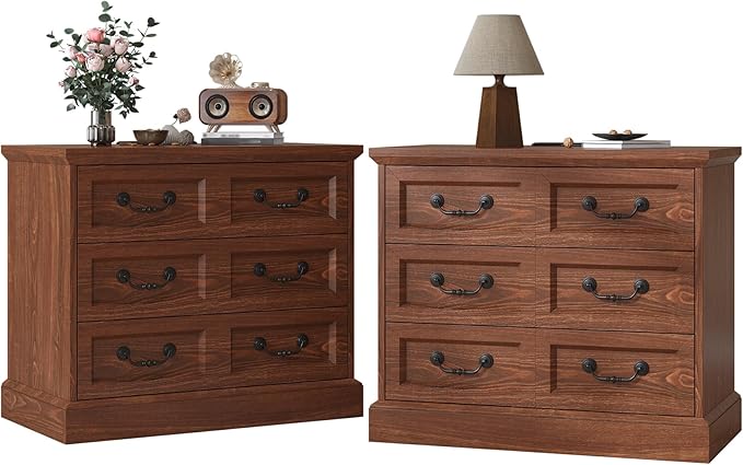 27.6" Wide Farmhouse Nightstand with Charging Station, 3 Drawer Nightstands Set of 2, Larger Side Table End Table, Modern Night Stand for Bedroom, Living Room, Cherry Nightstand