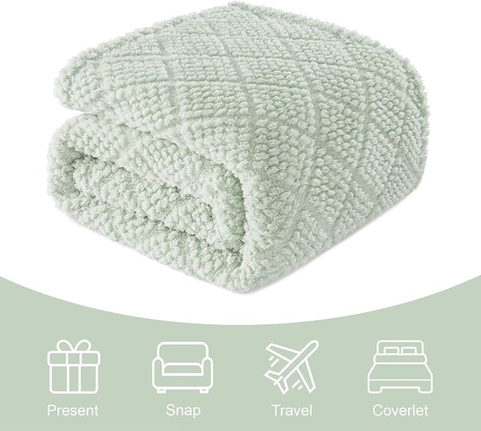Whale Flotilla Fuzzy Fleece Throw Blanket for Couch, Bed, Soft Fluffy Jacquard Waffle Blankets for All Season, Lightweight and Warm, 50x60 Inch, Sage Green