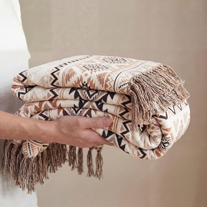 CASAAGUSTO Boho Throw Blanket - Brown White Decorative Blankets with Tassel, Printed Flannel Bohemian Blanket for Chair, Bed, Sofa, Couch(50 * 60, Brown White)