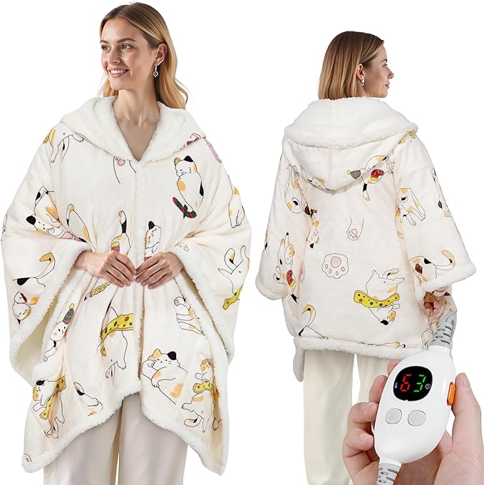Heated Blanket Wearable Shawl - Electric Blanket Wrap Poncho Hoodie with 6 Heat Levels & 9 Hours Auto Off,Gifts for Women,Home Office Use,Machine Washable,50"x60"(Cat)