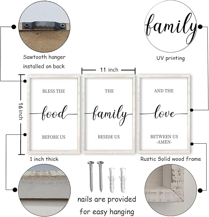 flowtorely Bless the Food Before Us Sign Wall Decor 16"×11" Set of 3 for Dining Room Kitchen Rustic Wood Framed Wall Hanging Art (White)
