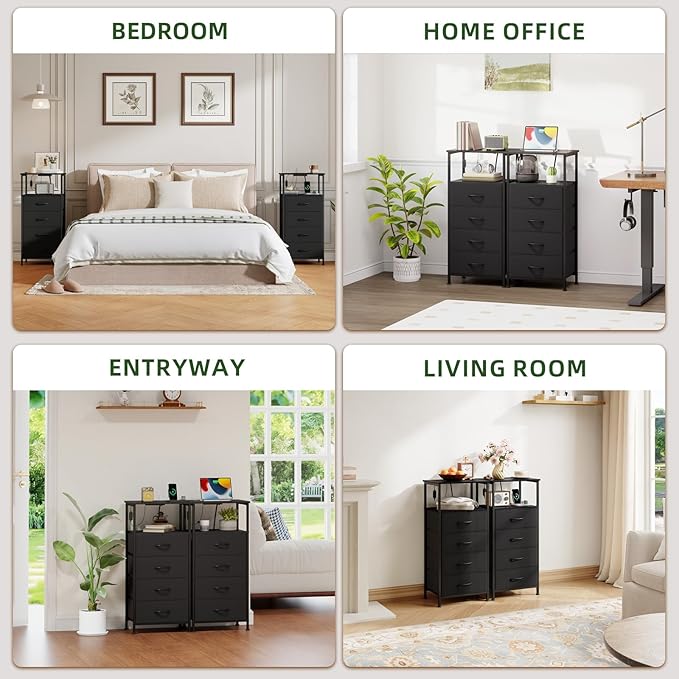 Somdot Black Nightstand with Charging Station and LED Light for Bedroom, Tall 4 Drawers Dresser with Fabric Bins for Bedside Kids Dorm Room Closet Laundry Entryway, Black